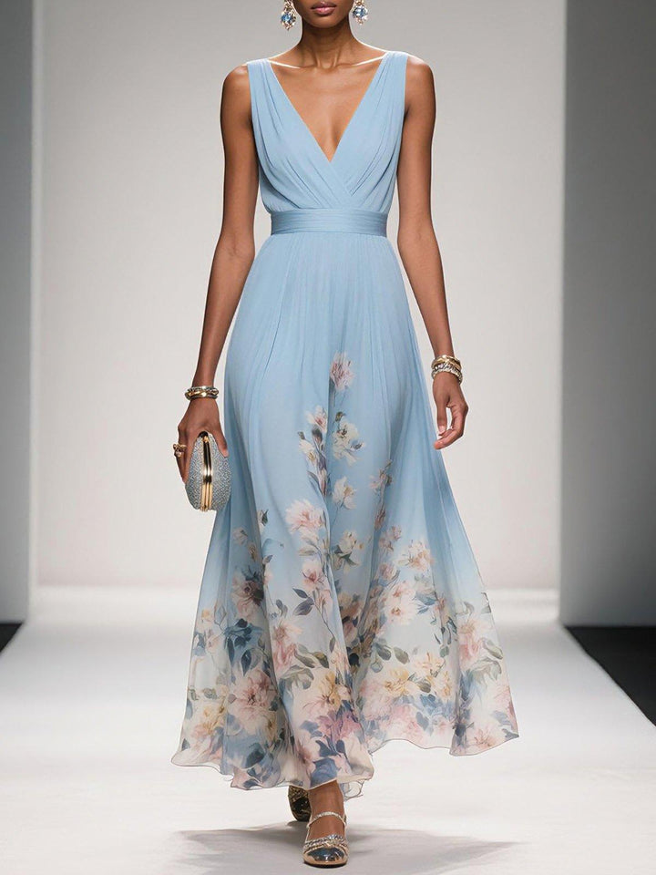 Light Blue Floral Chiffon V-Neck Sleeveless A-Line Maxi Gown