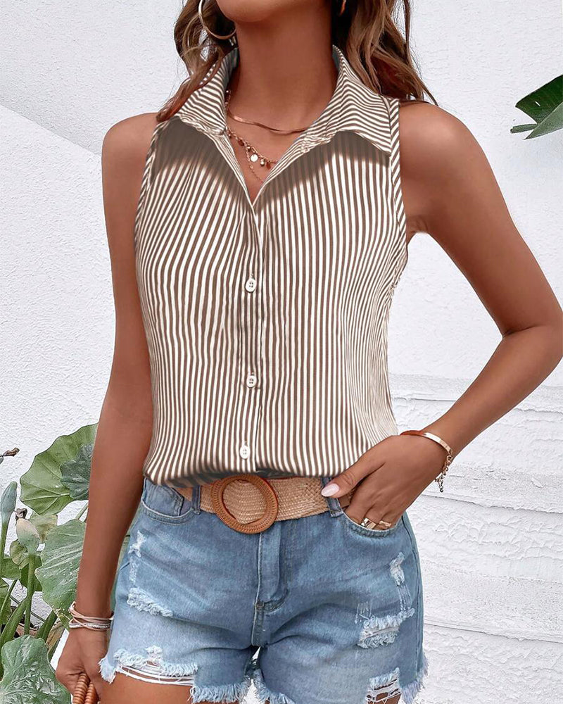 Striped Sleeveless Collared Tank Top