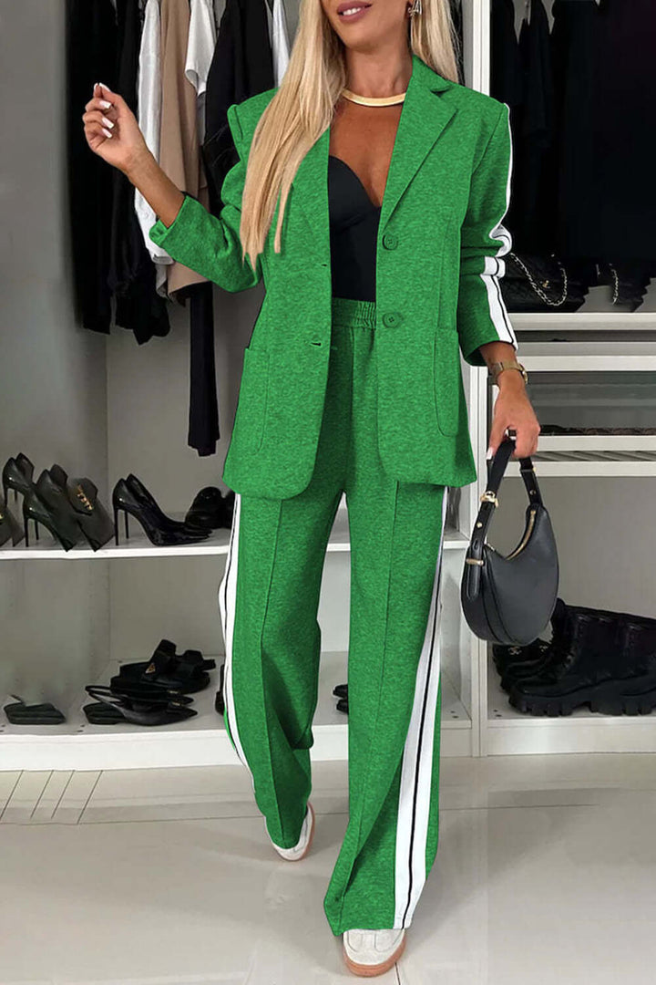 Two-Piece Set: Contrast Lapel Collar Top with Matching Pants