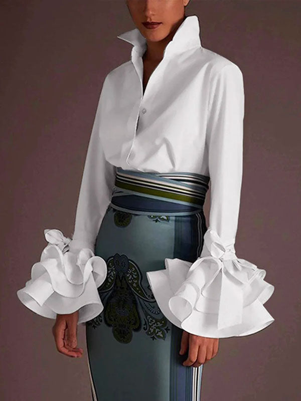 Solid Color Lapel Blouse with Flared Sleeves and Bow Detail