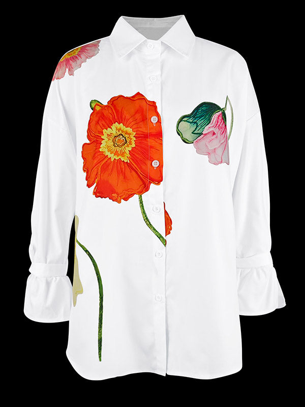 Flared Sleeve Floral Print Long Sleeve Blouse with Tied Stand Collar