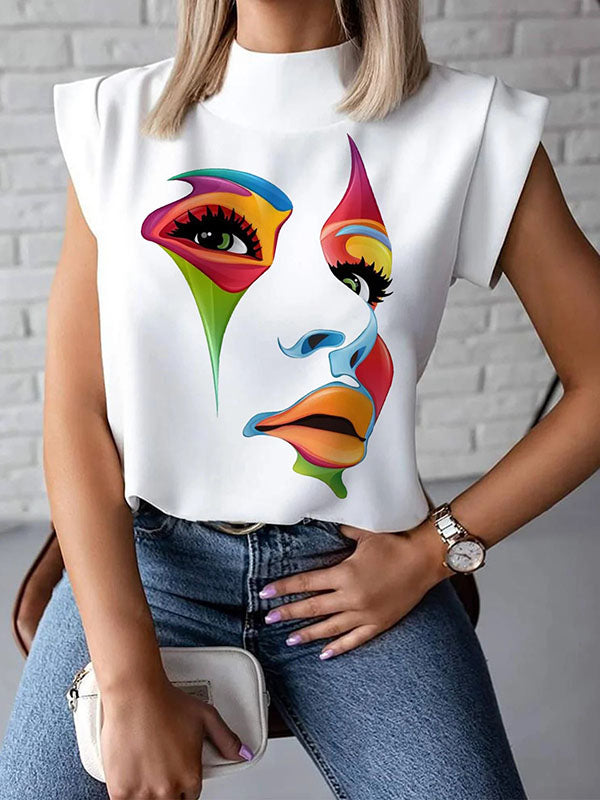 High-Neck Cap Sleeve Loose-Fit Multi-Colored Printed T-Shirt