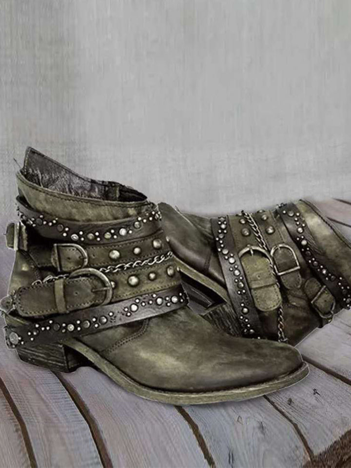 Distressed Studded Buckle Ankle Boots