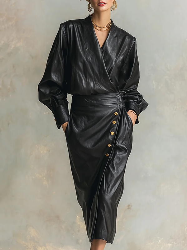 V-Neck Midi Dress with Long Puff Sleeves, Button Detail, and Pleated Design in Solid Color