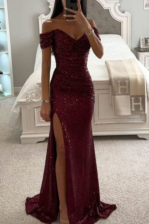 Off-Shoulder Sequin Slit Dress for Parties