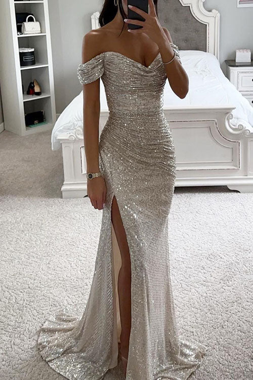 Off-Shoulder Sequin Slit Dress for Parties