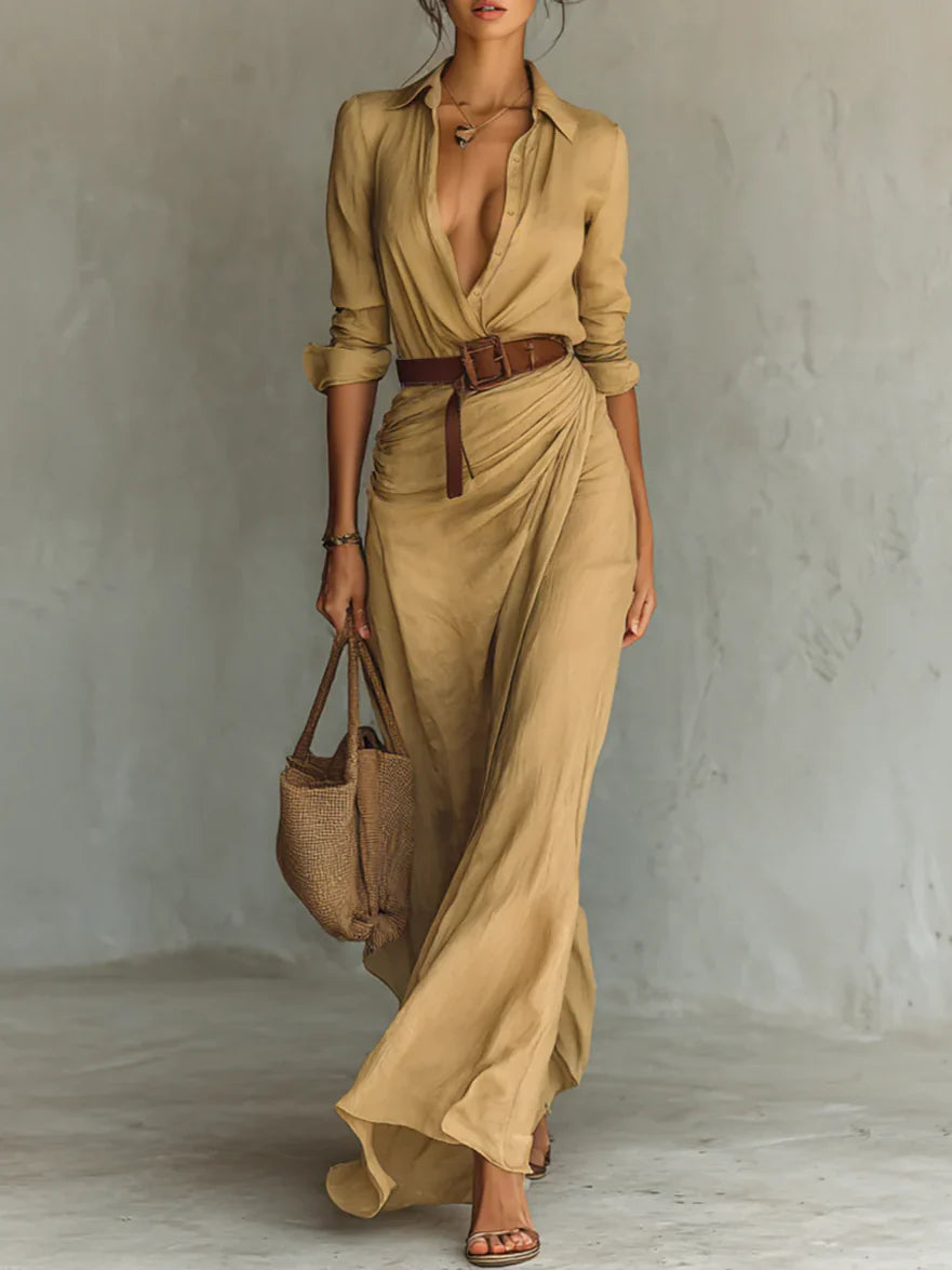 Women's Belted Maxi Dress with Lapel and Long Sleeves