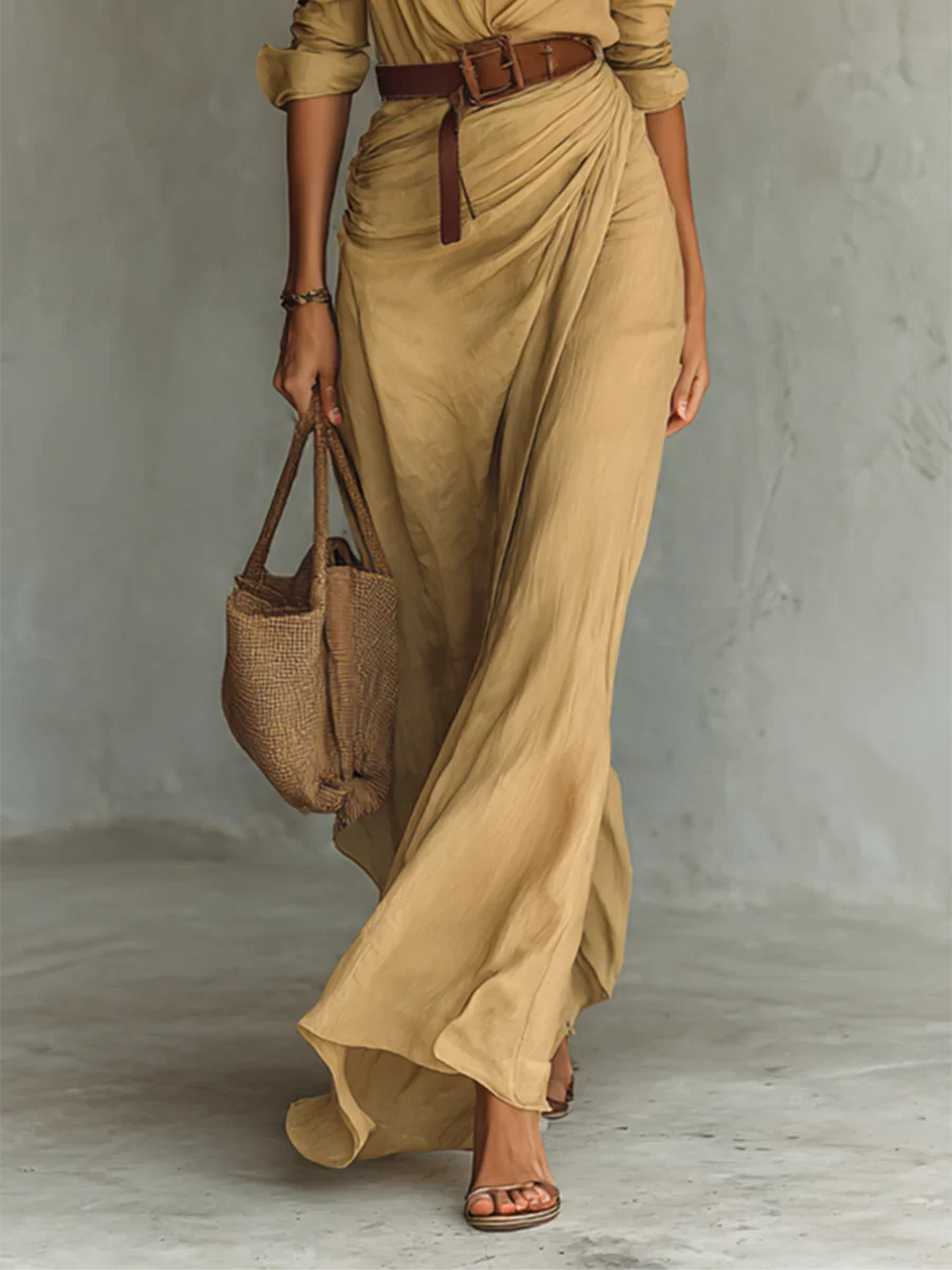 Women's Belted Maxi Dress with Lapel and Long Sleeves