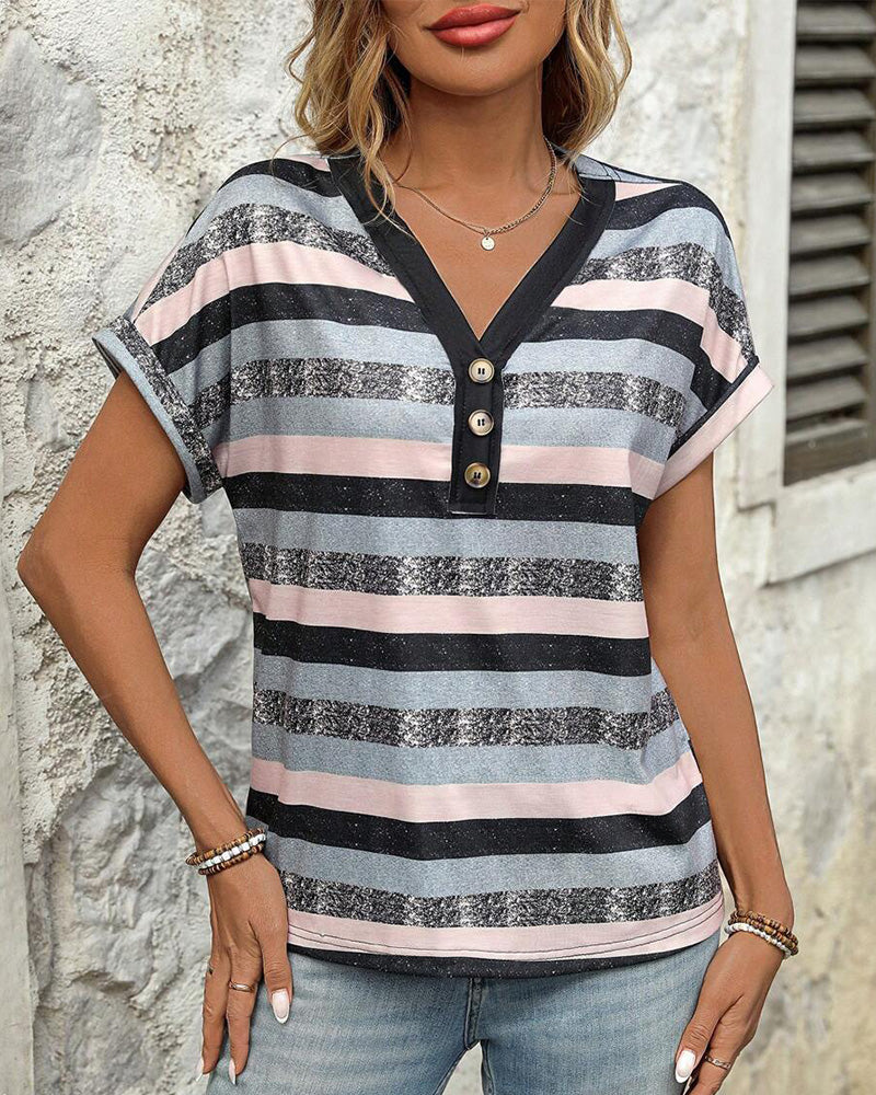 Striped V-Neck T-Shirt with Three Button Detail