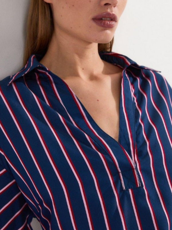 Loose Fit Striped Lapel Blouses and Long Sleeve Tops