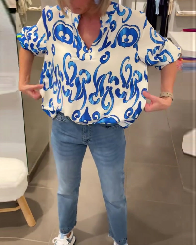 חולצה ארוכת שרוולים עם צווארון וי והדפסה אופנתית
