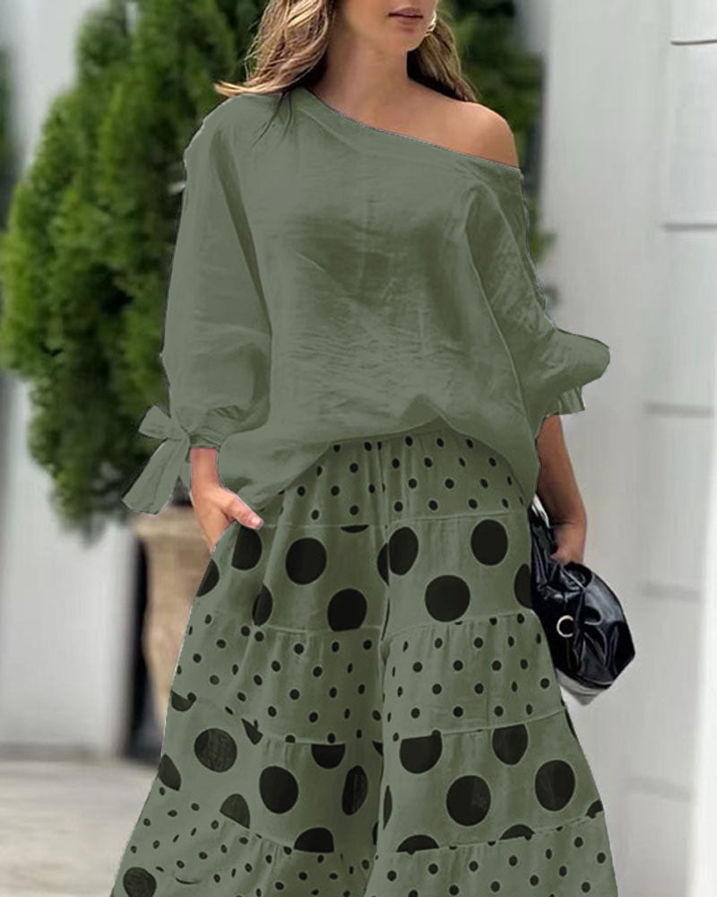 Relaxed Shoulder Top and Patterned Pants Two-Piece Outfit