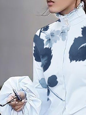 High-Neck Long Sleeve Loose Blouse with Buttoned Leaf Print