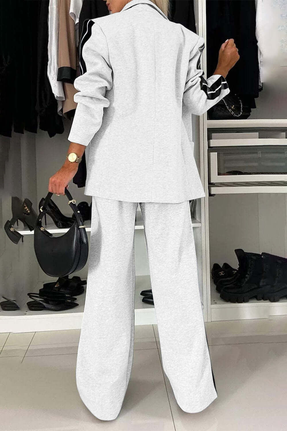 Two-Piece Set: Contrast Lapel Collar Top with Matching Pants