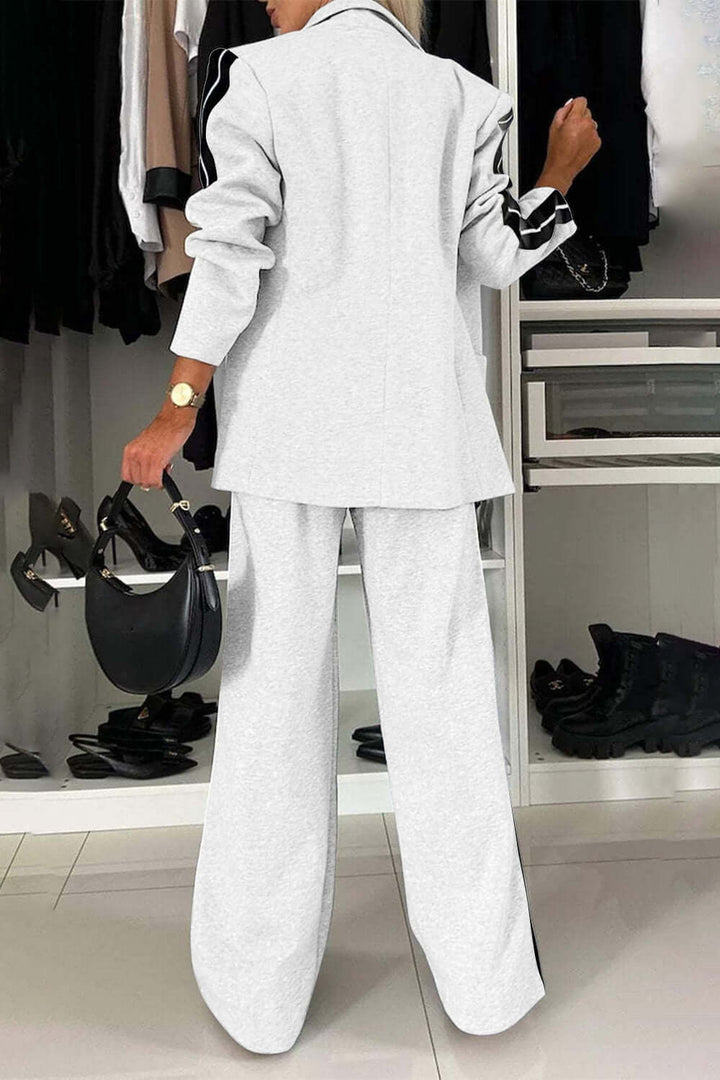 Two-Piece Set: Contrast Lapel Collar Top with Matching Pants