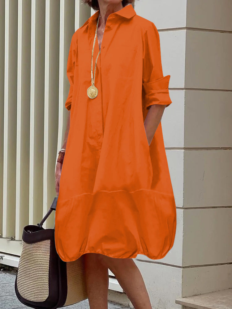 Loose-Fit Midi Shirt Dress with Long Sleeves and Lapel Collar in Solid Colors