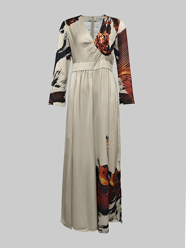 Floral Print Long Sleeve V-Neck Pleated Jumpsuit with Split Detail
