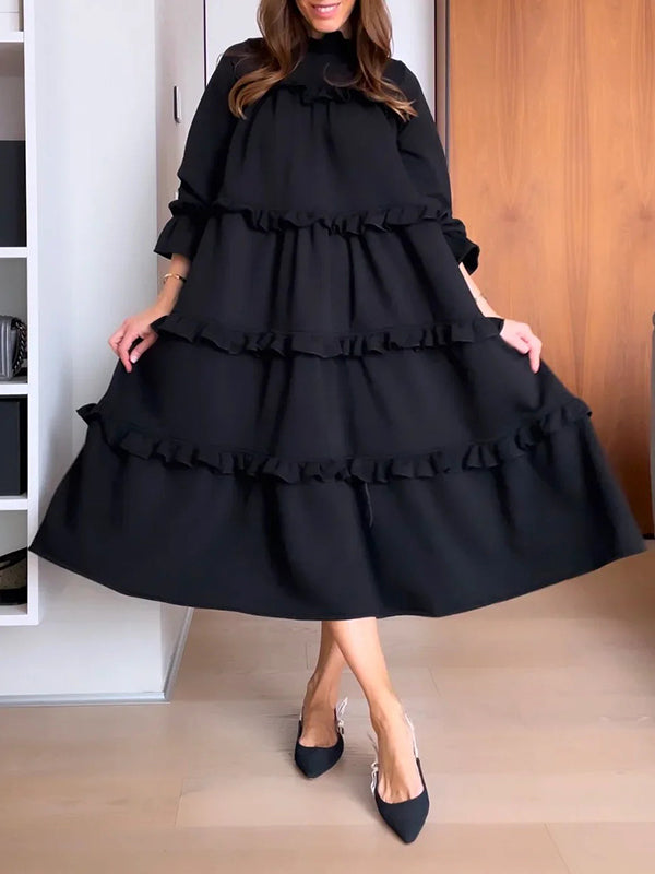 Solid Color A-Line Maxi Dress with Loose Ruffles and Split Joint Round Neck