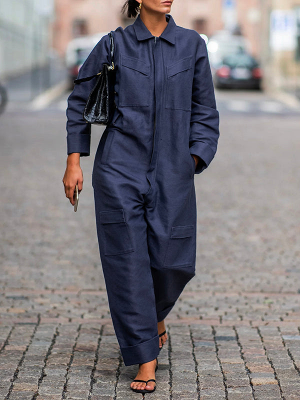 Loose-Fit Long Sleeve Solid Color Zipper Lapel Jumpsuit