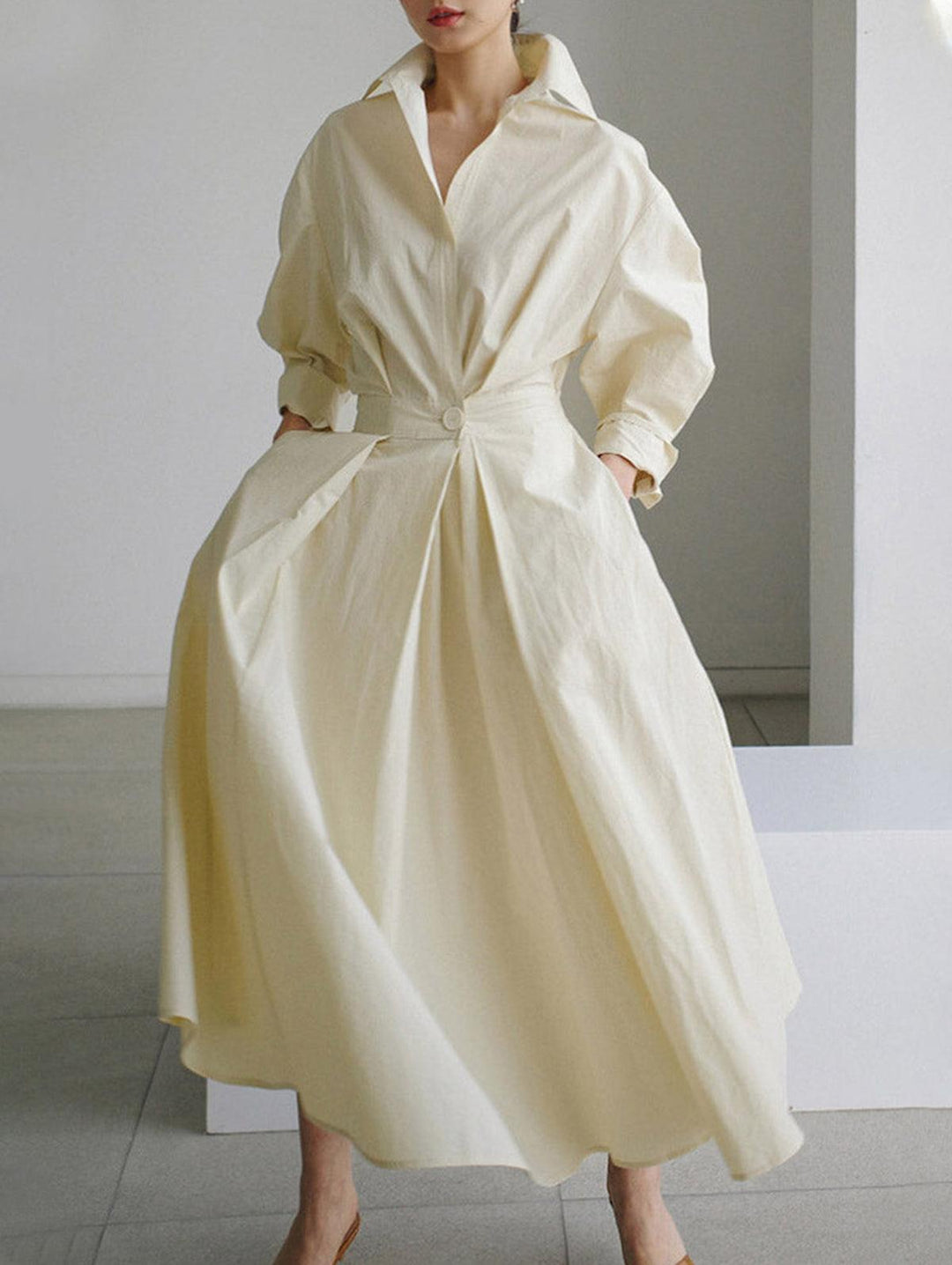 Chic Midi Dress with Pocket, Button Detail, and Lapel Collar