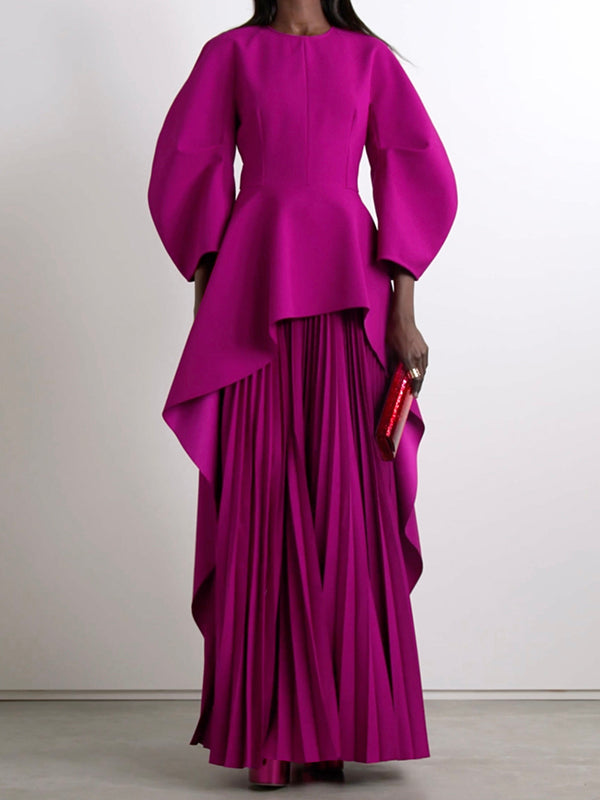 Tiered Maxi Dress with Long Sleeves, Pleated Design, Solid Color, and Round Neck