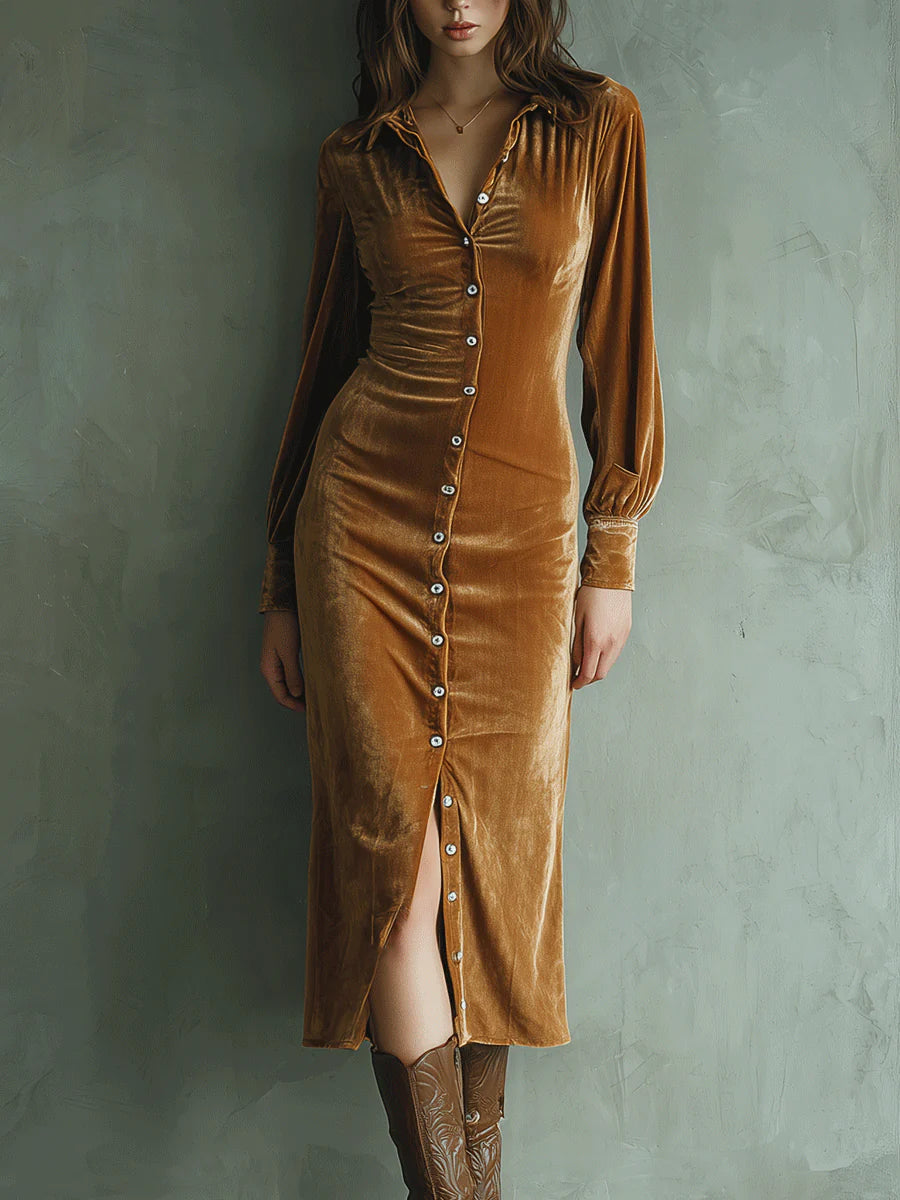 Retro Velvet Button-Up Midi Dress