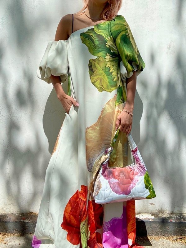 One-Shoulder A-Line Maxi Dress with Loose Fit and Floral Print