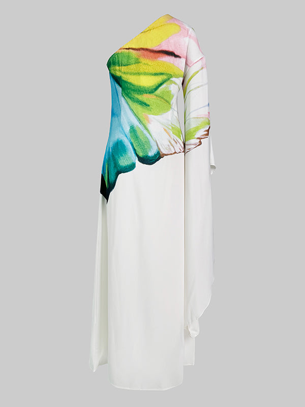 One-Shoulder Maxi Dress with Long Sleeves and Asymmetric Flower Print