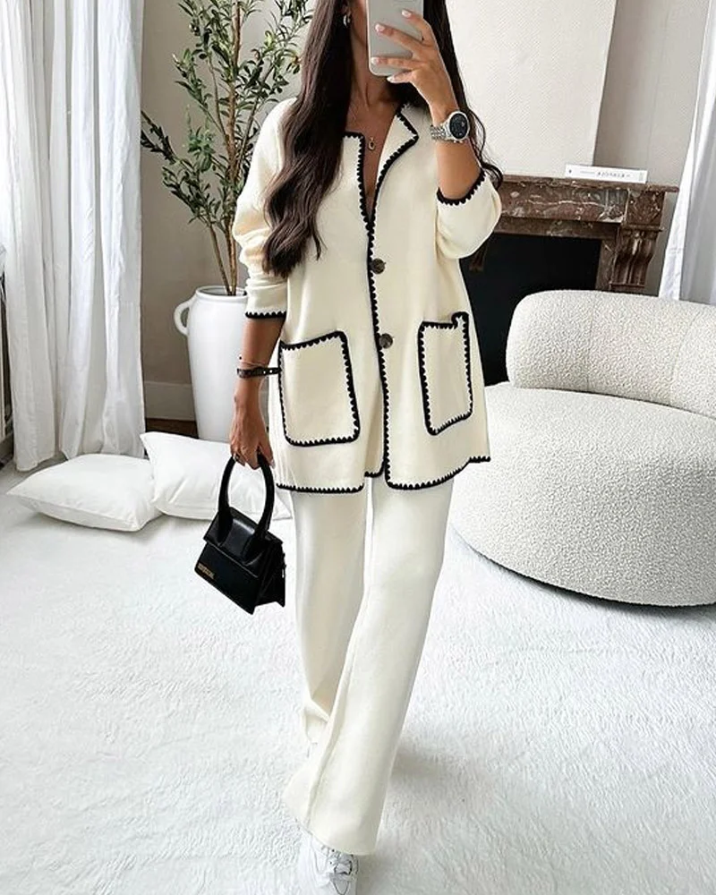 Two-Piece Set: Casual Pants with Edge-Decorated Jacket