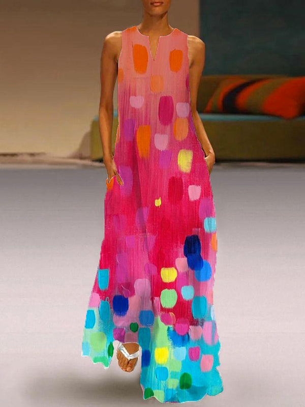 Flowy Sleeveless V-Neck Maxi Dress with Contrast Color Print
