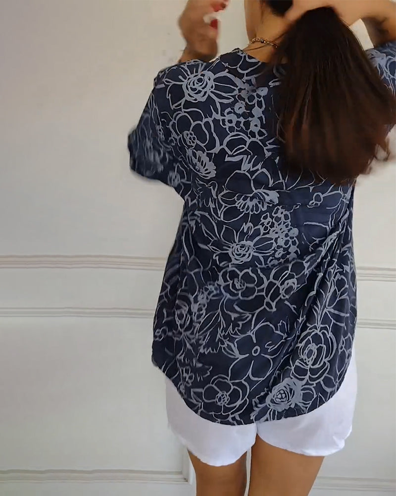 Printed V-Neck Button-Up Blouse