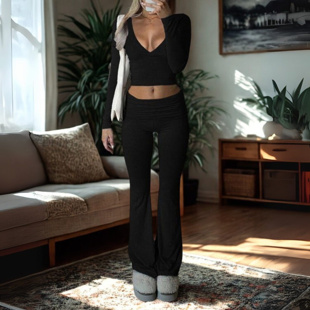 SINA™ - Relaxed V-Neck Long Sleeve Crop Top and Trousers Set