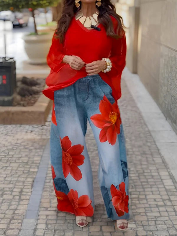 Flowy Wide-Leg Floral Print Jeans