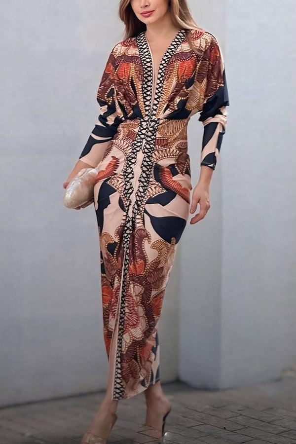 Distinctive Print Long Sleeve Ruched Midi Dress with Slit