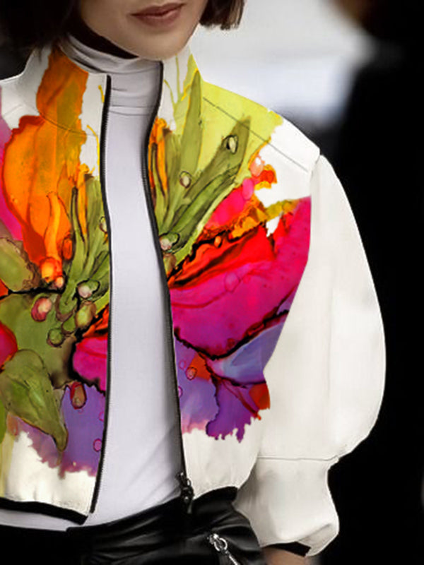 Asymmetric Floral Print High Neck Outerwear with Loose Puff Sleeves