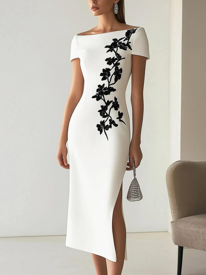 Elegant Floral Boat Neck Midi Dress