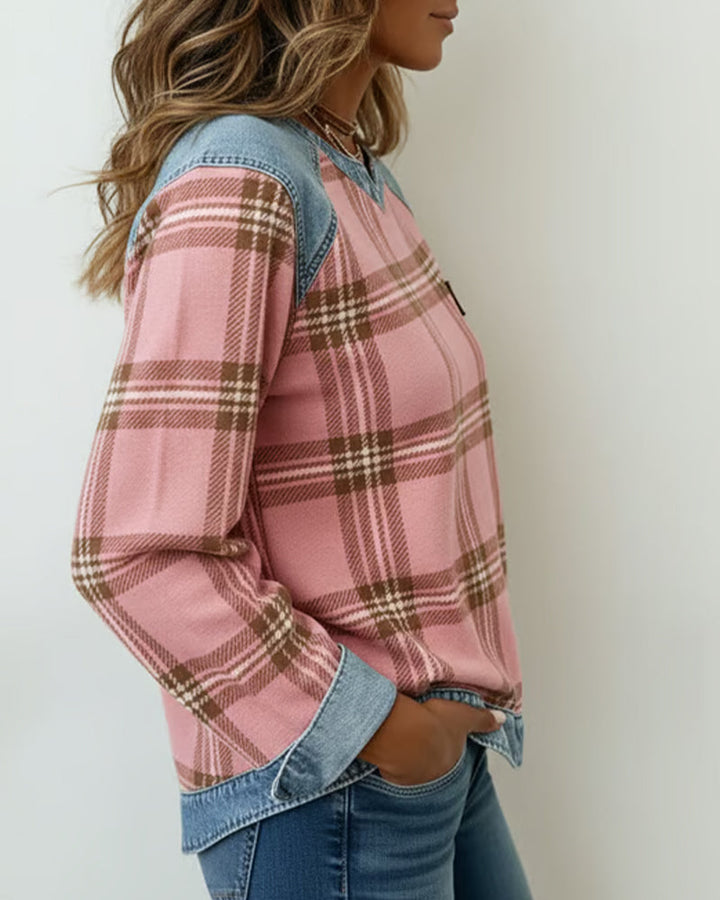 Patchwork and Check Pattern Sweatshirt