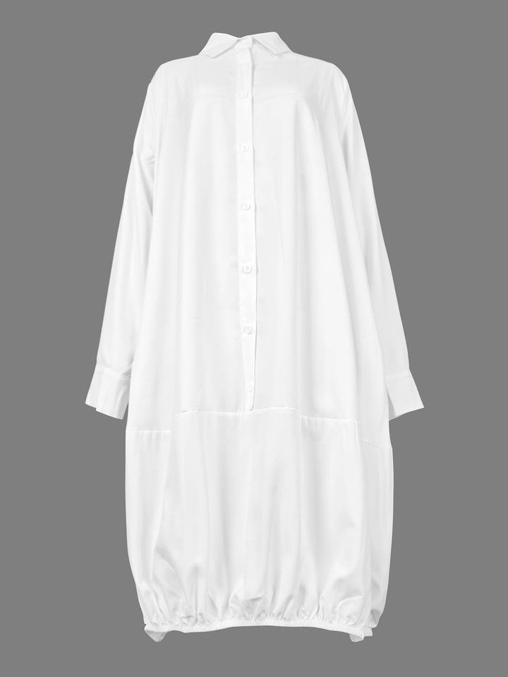 Loose-Fit Midi Shirt Dress with Long Sleeves and Lapel Collar in Solid Colors