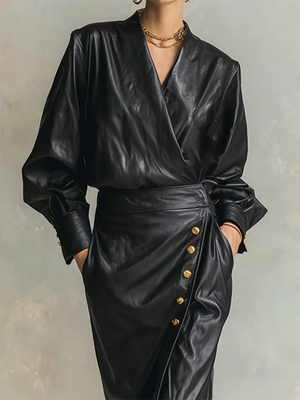 V-Neck Midi Dress with Long Puff Sleeves, Button Detail, and Pleated Design in Solid Color
