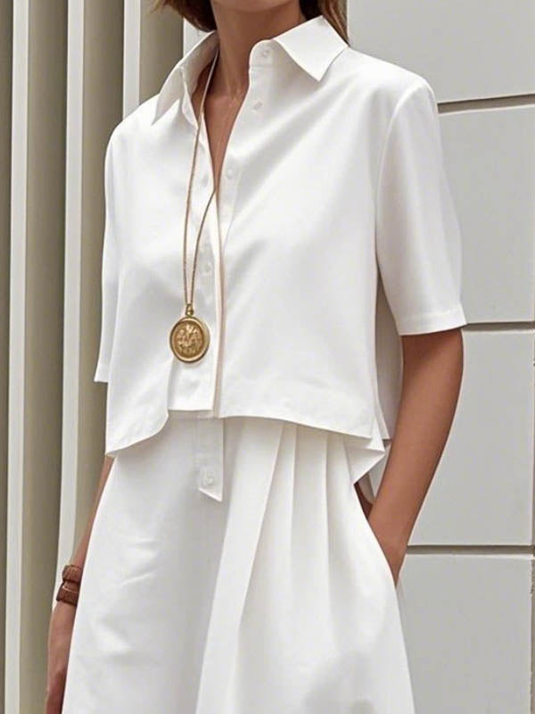 Buttoned Solid Color Midi Shirt Dress with False Two Half Sleeves