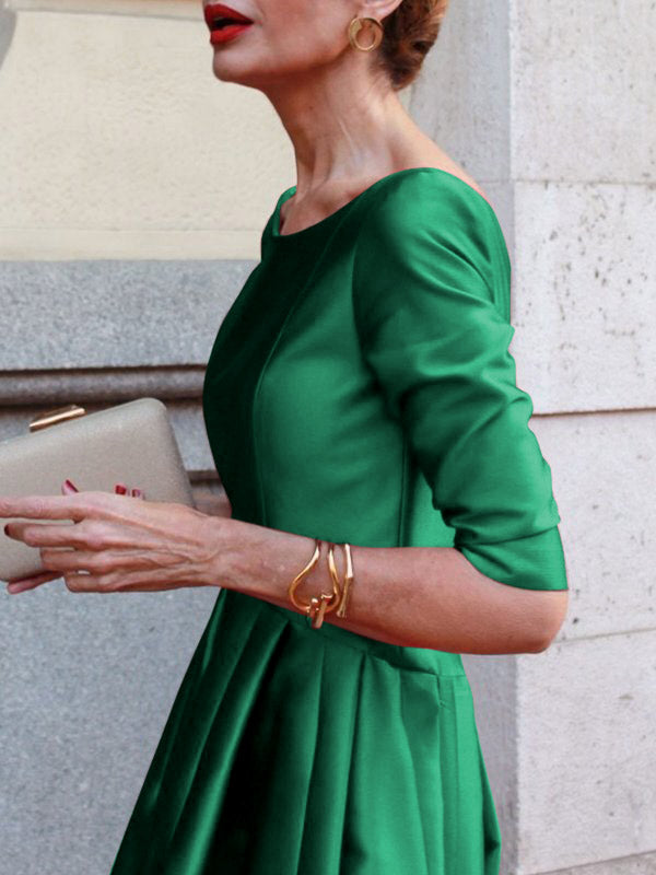 Solid Color A-Line Midi Dress with Loose Pleats, Pockets, and Split-Joint Round Neck