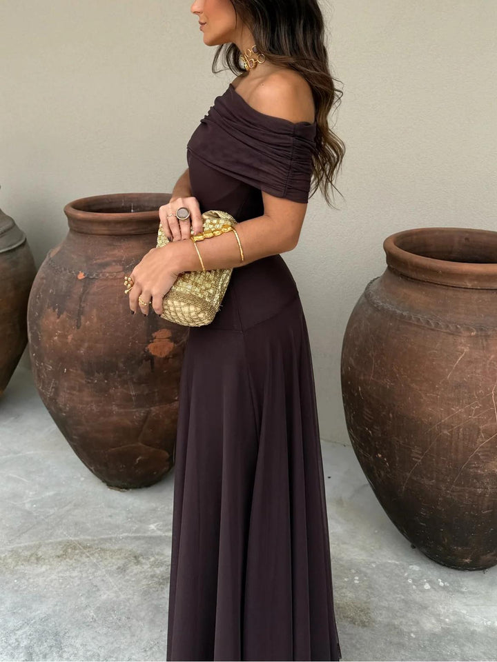 Brown One-Shoulder Mesh Maxi Gown