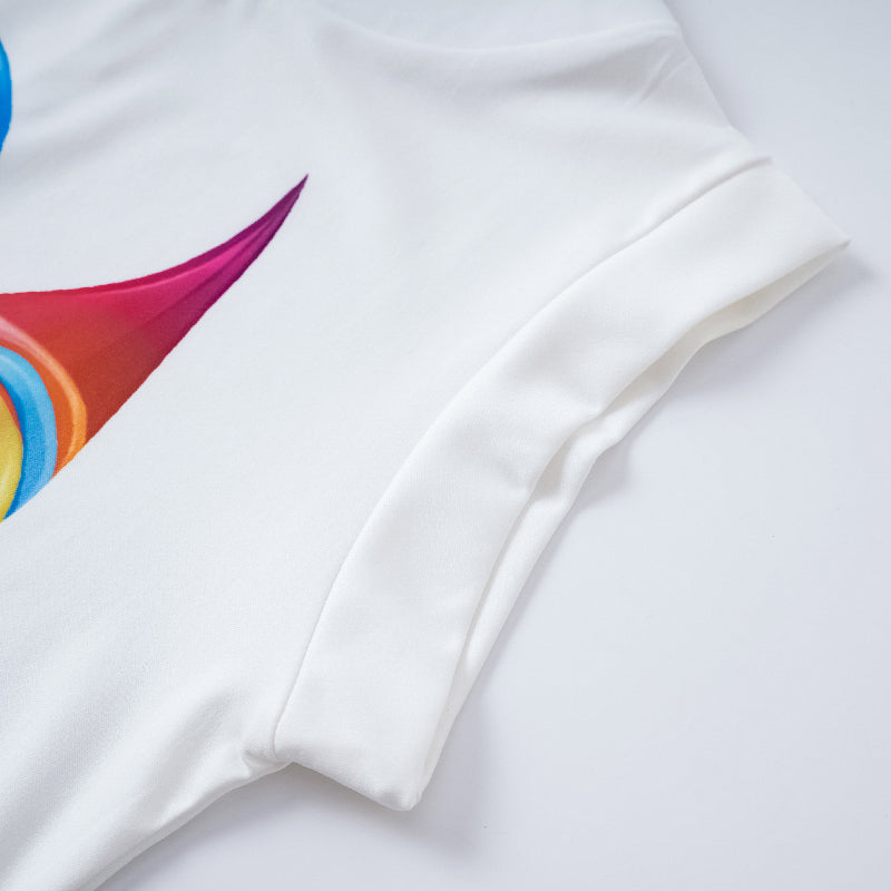 High-Neck Cap Sleeve Loose-Fit Multi-Colored Printed T-Shirt