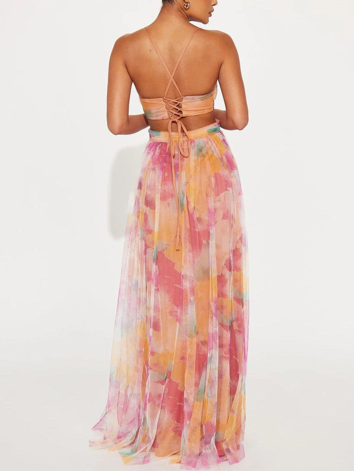 Chic V-Neck A-Line Maxi Dress with Elegant Floral Print