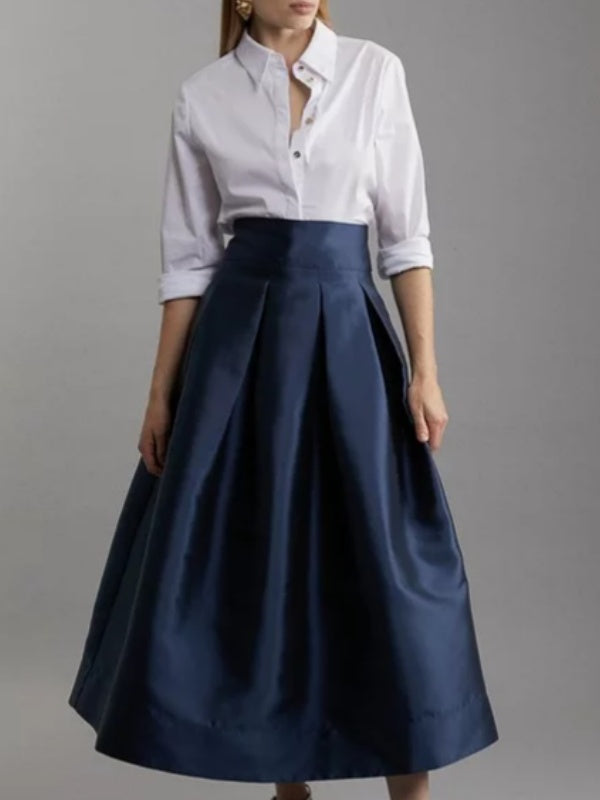 Solid Color High-Waisted A-Line Pleated Skirt with Zipper