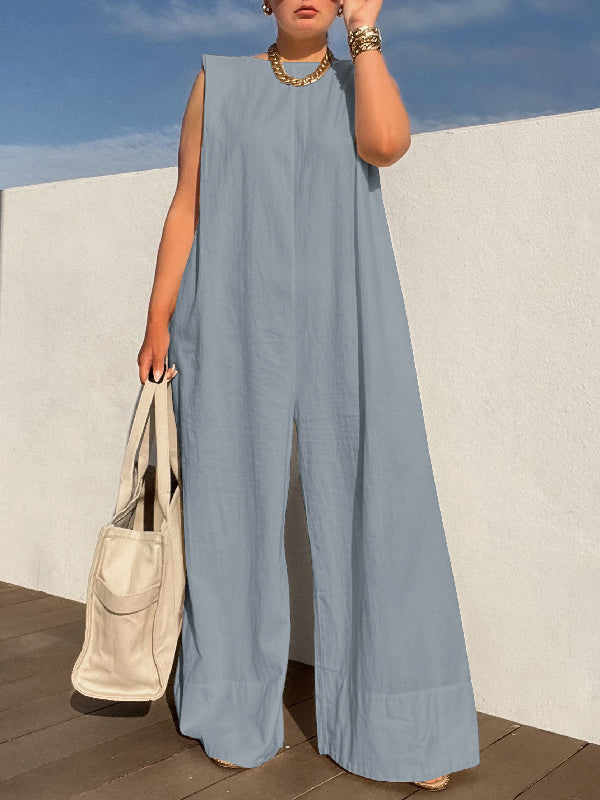 Sleeveless Wide-Leg Jumpsuit with Shoulder Pads in Solid Colors
