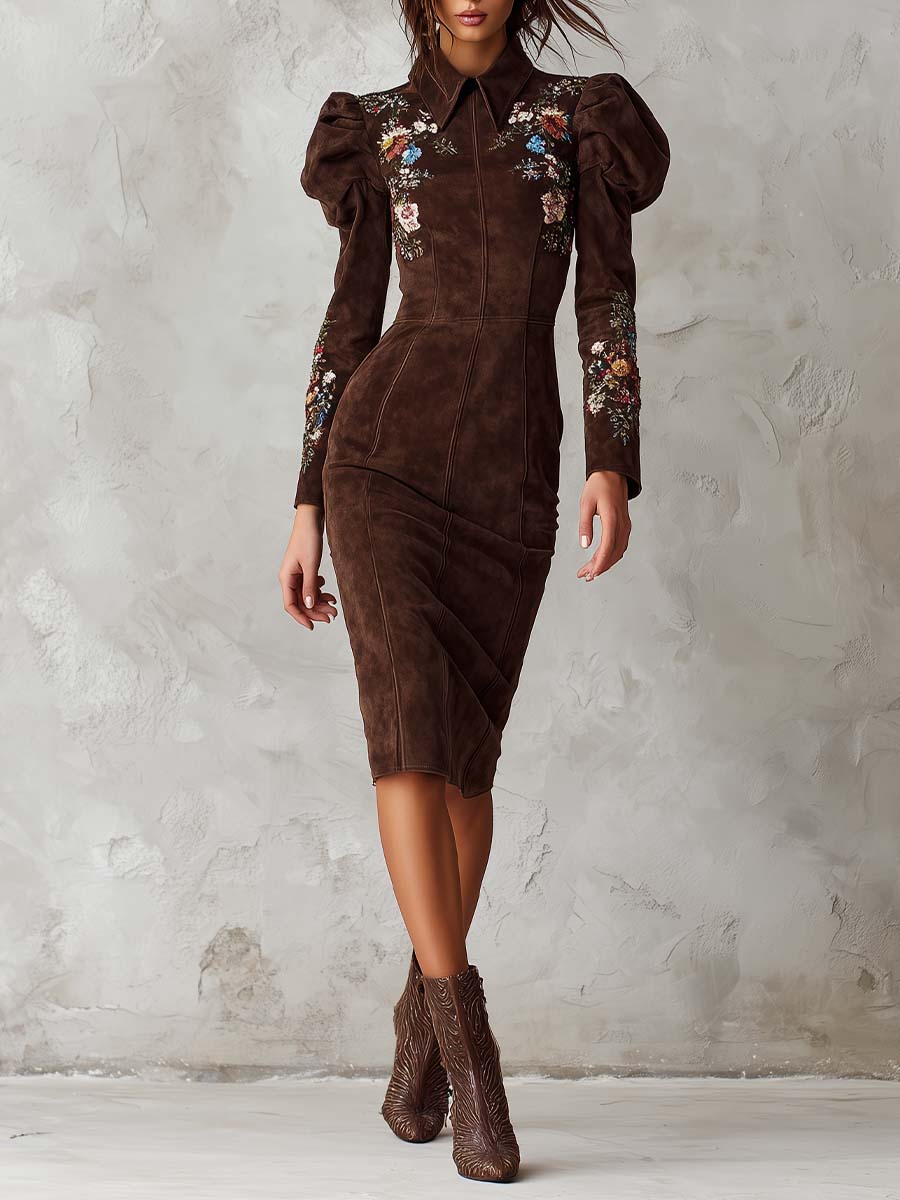 Embroidered Midi Dress with Puff Sleeves in Brown Suede