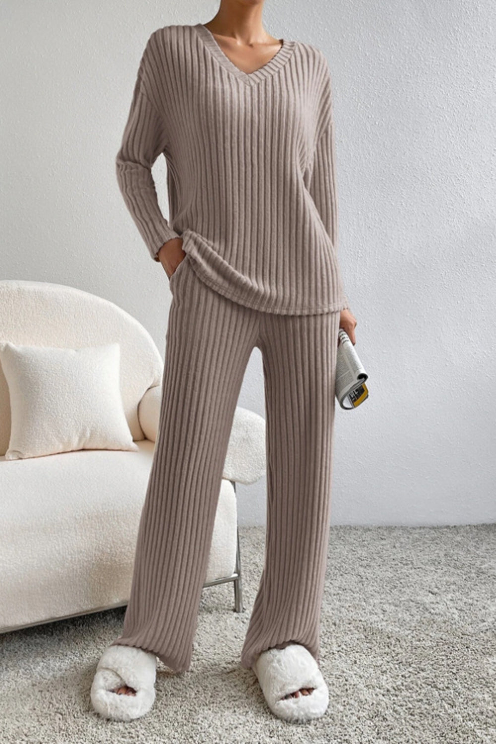 Ribbed V-Neck Top with Matching Pants Set