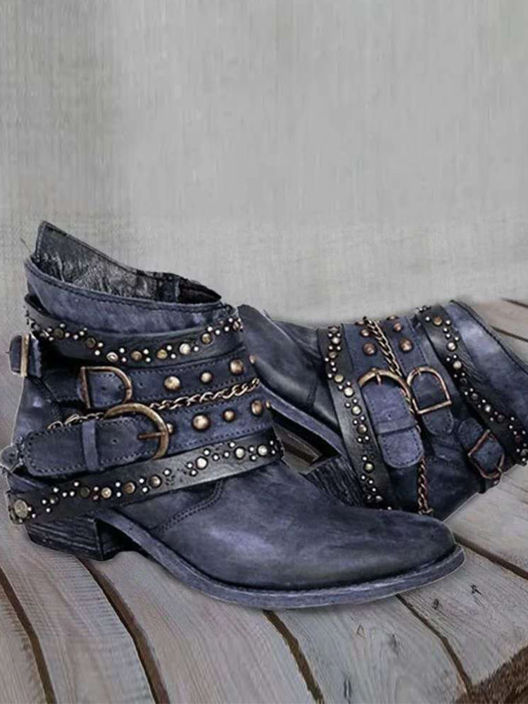 Distressed Studded Buckle Ankle Boots