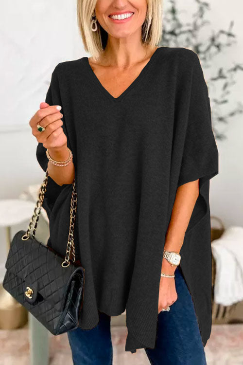 Stylish V-Neck Loose-Fit Solid Poncho Sweater